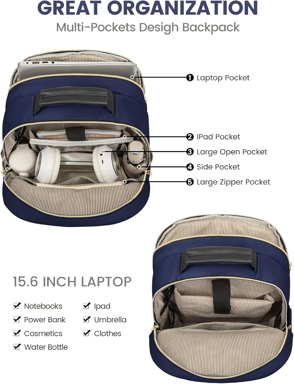 Lovevook 15.6" Navy Waterproof Laptop Backpack | Work & Travel Bag🌟