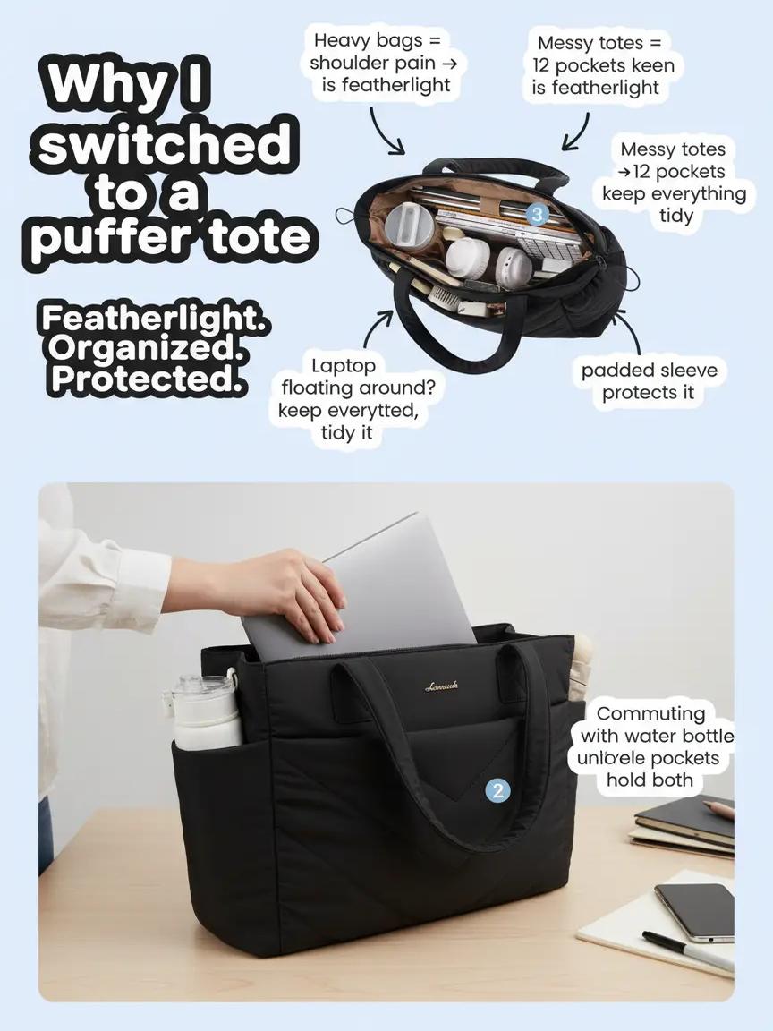 2Pcs Lightweight puffy Tote Bag( 15.6inch ) 💕 2026 Design